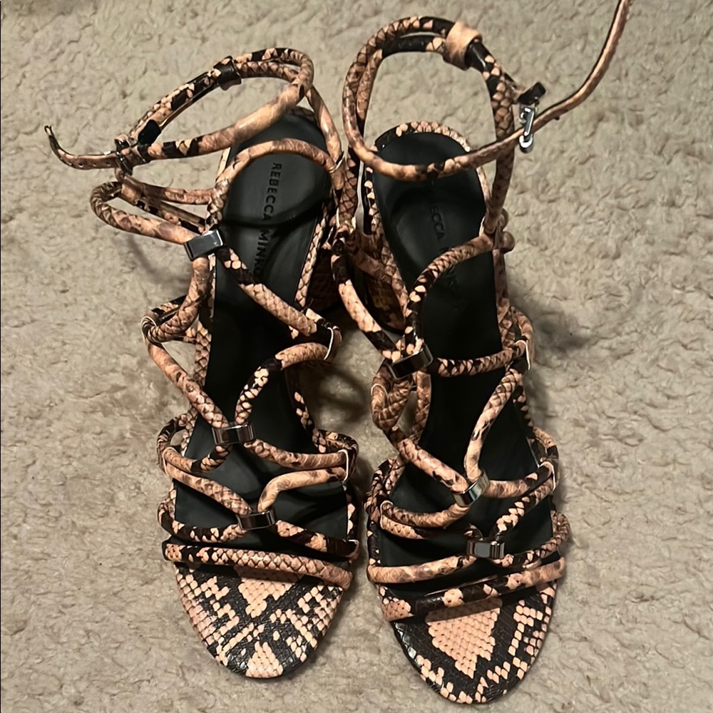 Rebecca Minkoff Snakeskin Strappy Sandals - Black and Tan